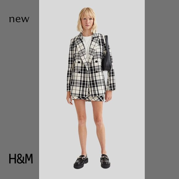 2-pc NWT H&M black & white plaid textured-weave blazer and skirt set, Sz S & 8 - Picture 12 of 12